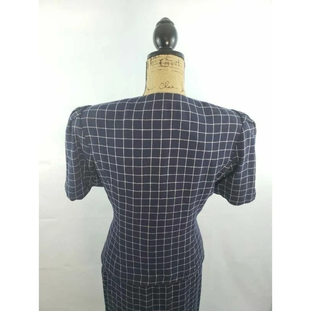 Kasper ASL Women wear Skirt Suit Blue Windowpane Lined Shoulder‎ -Padded 8/9 S54